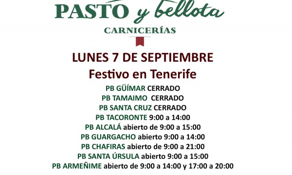 HORARIO FESTIVO 7 DE SEPTIEMBRE 2020 TENERIFE